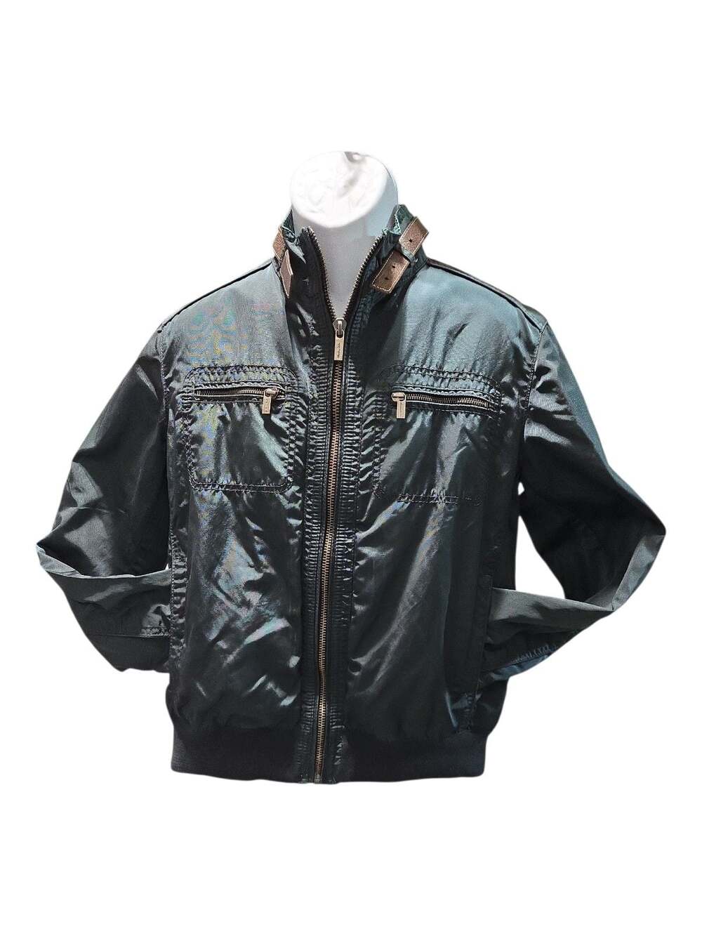 Massimo Dutti Men's Utility Bomber Jacket with Brown Leather Collar Detail Size